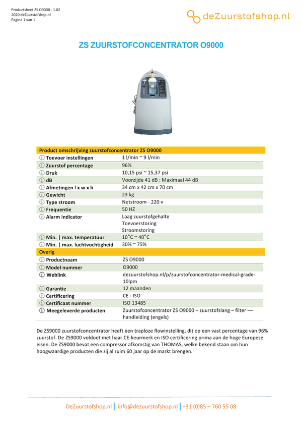 ZS zuurstofconcentrator 9LPM O9000